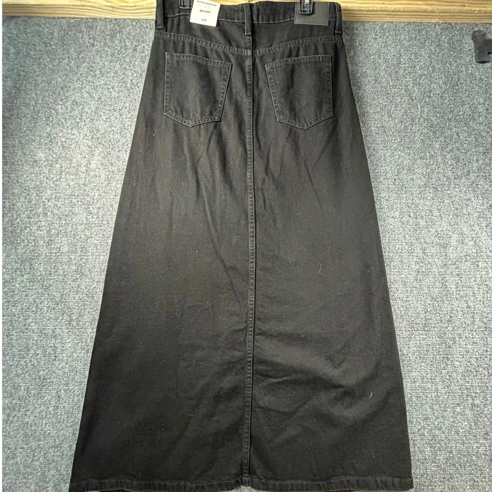 Lucky Brand Womens Black Denim Maxi Skirt Front Slit Size 8/29 NWT